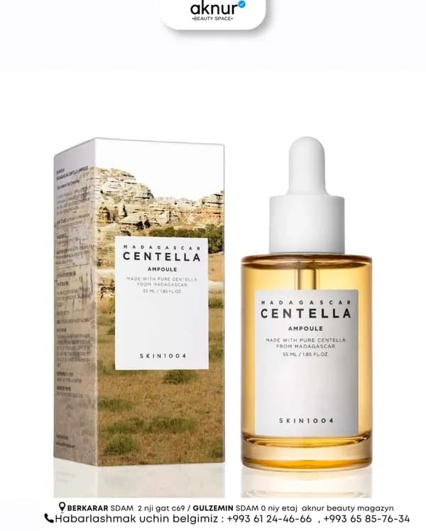 SKIN1004 bu derini çalt we netijeli köşeşdirmek, çuňňur nemlendirmek we umumy ýagdaýyny gowulandyrmak üçin niýetlenen 55 ml