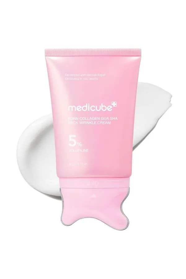 (MEDICUBE) PDRN COLLAGEN GUA SHA NECK WRINKLE CREAM Это корейский антивозрастной крем со встроенным массажером гуаша для ухода за кожей шеи, зоны декольте и линии подбородка.