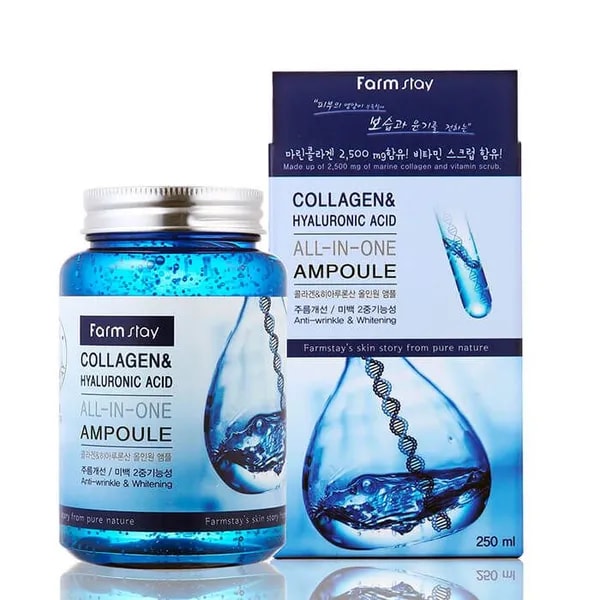 Farmstay Collagen Hyaluronic Acid Ampoule ýygyrdy ýazýar we gurulygy aýyrýar tonuňy deňleýär 250 ml (Original)