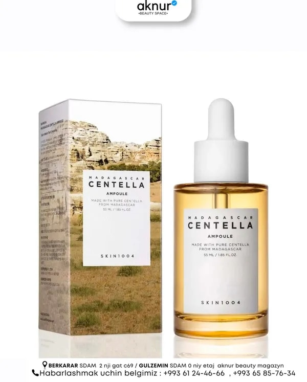 SKIN1004 bu derini çalt we netijeli köşeşdirmek, çuňňur nemlendirmek we umumy ýagdaýyny gowulandyrmak üçin niýetlenen 55 ml
