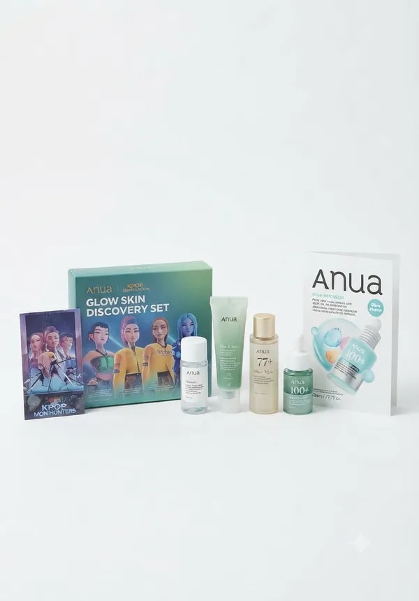 ANUA ýygyrtly ýüzler üçin mini nabor (gidrafil ýagy,umywalka,toner ,syworotka) 