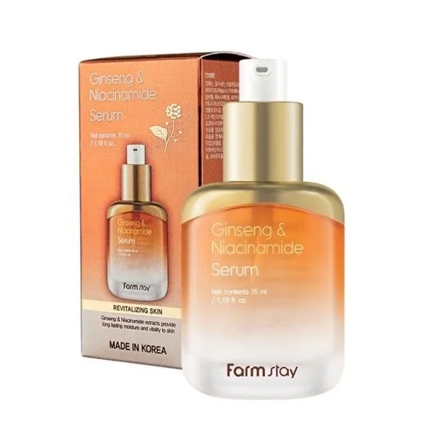 FarmStay Ginseng & Niacinamide Serum (35 мл) Bu, derini ýalpyldatmak, iýmitlendirmek we dikeltmek üçin niýetlenen serum.